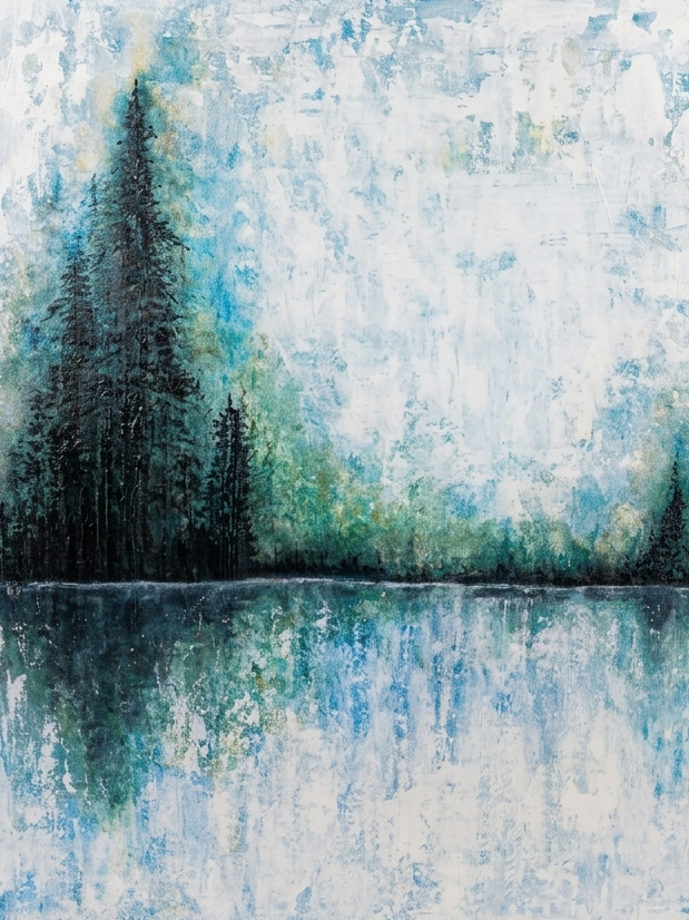 An abstract landscape painting of pine trees and a lake, featuring textured brushstrokes in shades of blue, green, and white, displayed against a neutral gray background.